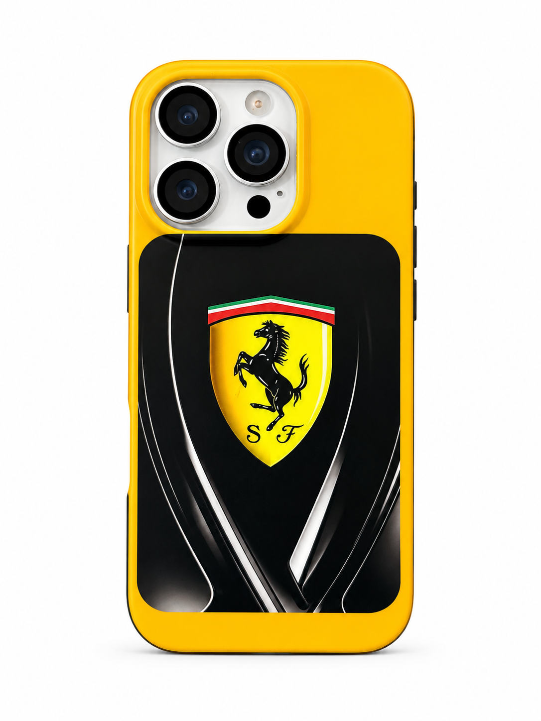 Yellow & Black Ferrari Inspired iPhone 15 Pro Case – Luxury Supercar Edition