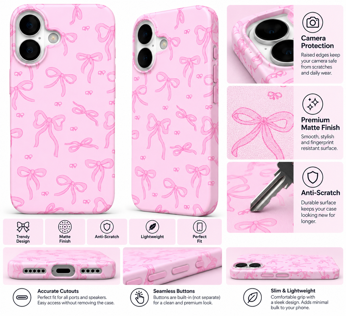 Pink Ribbon Doodle Printed Ladies Case for iPhone 16