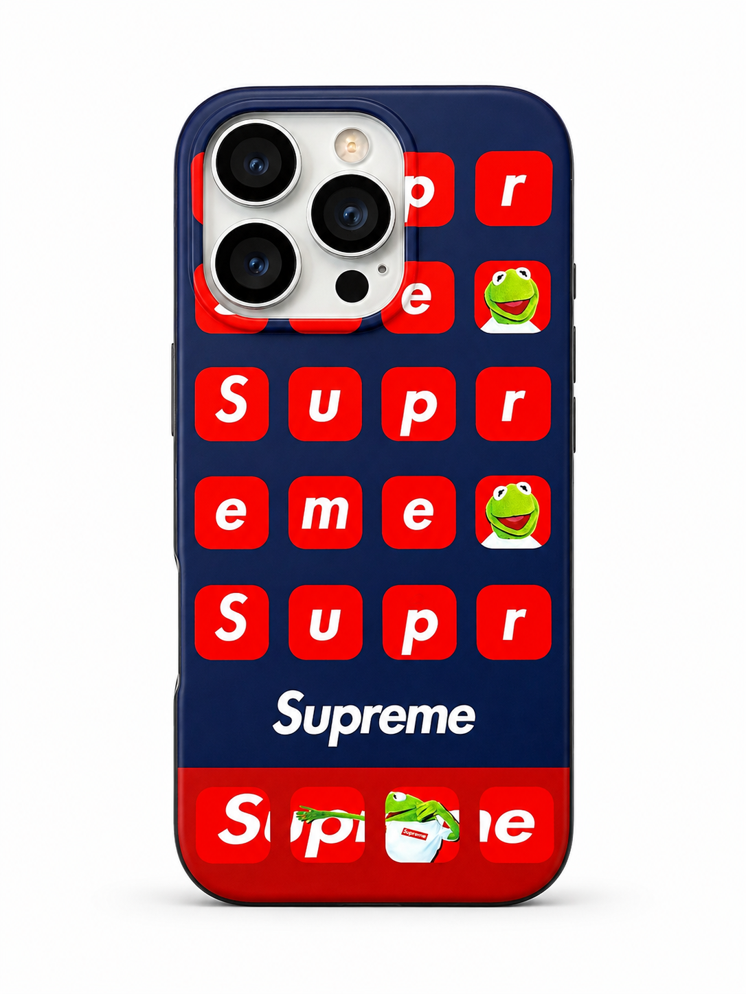 Supreme Frog Graphic iPhone 15 Pro Case – Navy Blue & Red Streetwear Edition