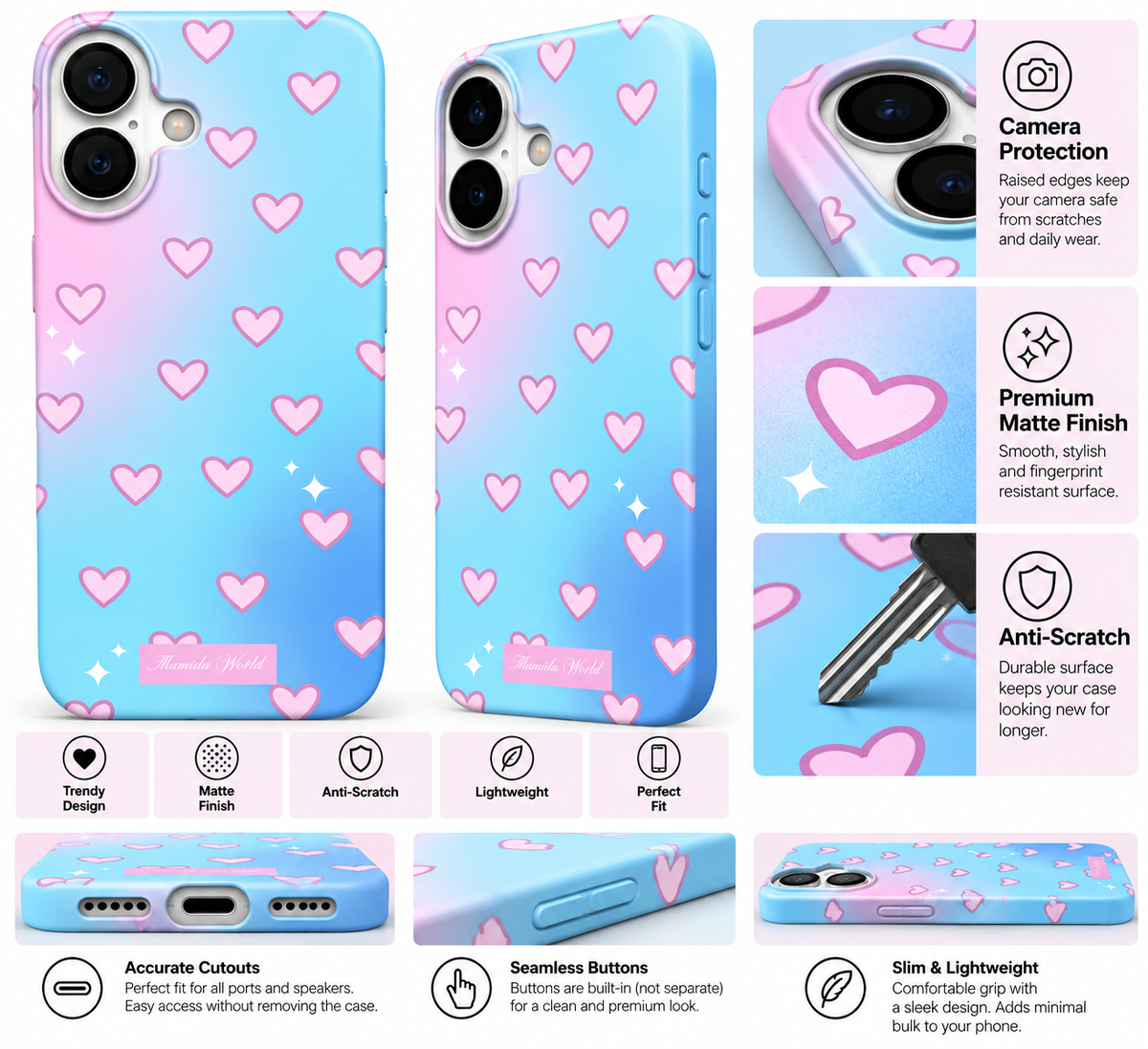 Pink Blue Gradient Hearts Printed Ladies Case for iPhone 16