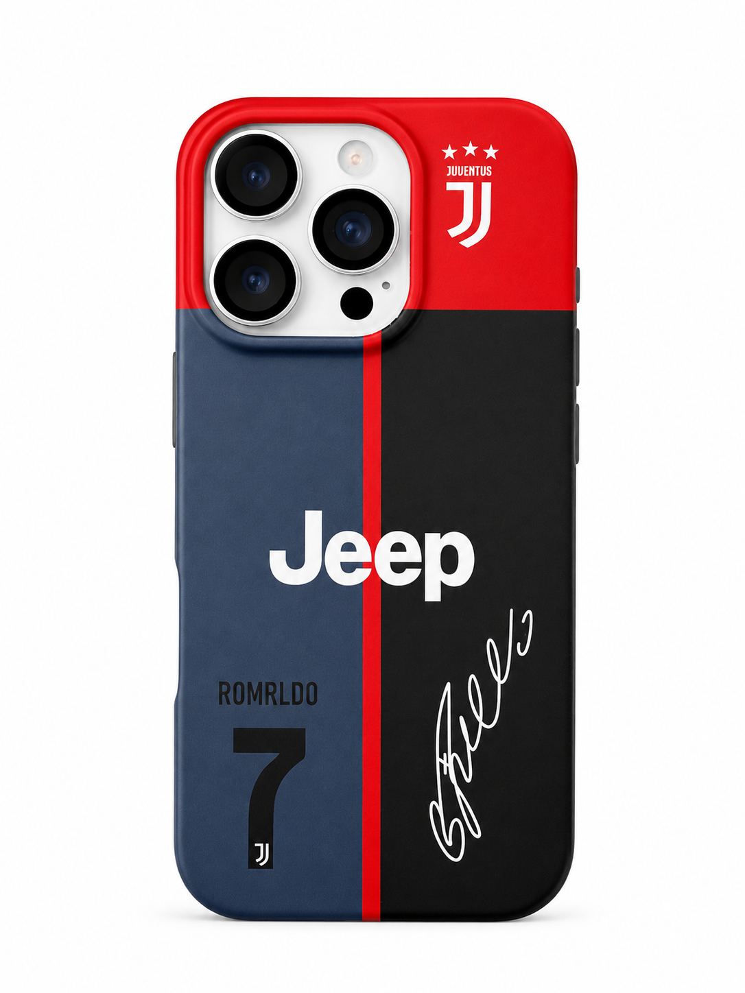 Juventus No. 7 Football Inspired iPhone 15 Pro Case – Red, Black & Blue Edition