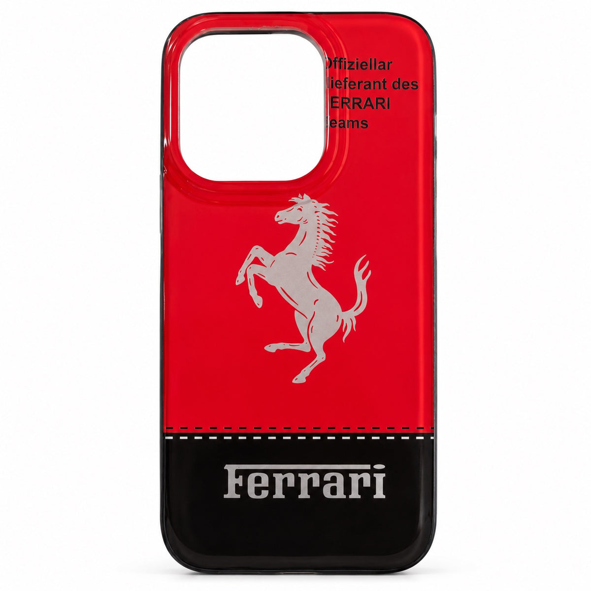 Red Ferrari graphic case with white prancing horse and black lower panel