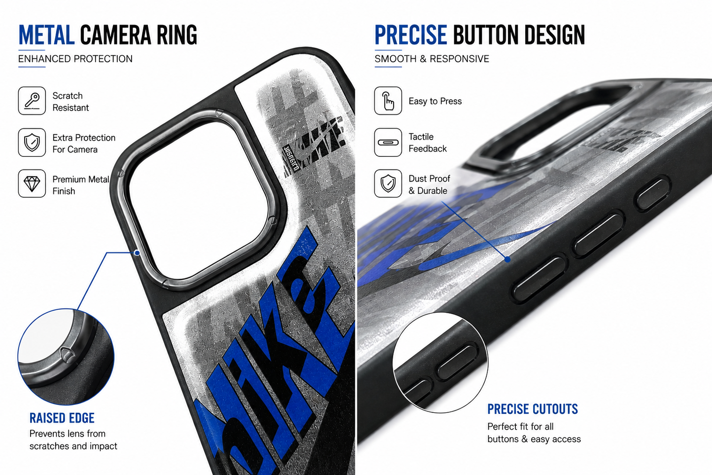 Nike Design Metallic Silver Blue Protective Case for iPhone 15 Pro Max