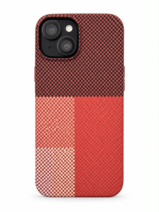 iPhone 14 Carbon Fibre Case - Red Checkered Blocks