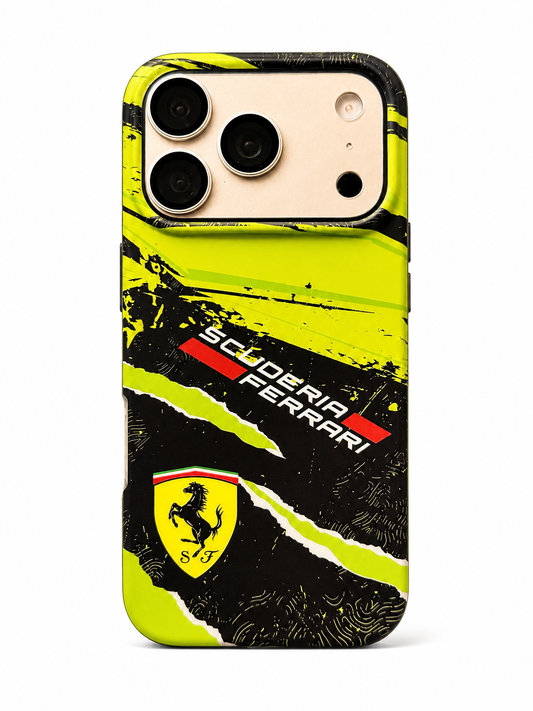 Neon Green & Black Scuderia Ferrari Inspired iPhone 17 Pro Phone Case – Racing Matte Case