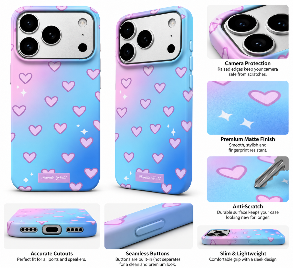 Pink Blue Gradient Hearts Printed Ladies Case for iPhone 17 Pro Max