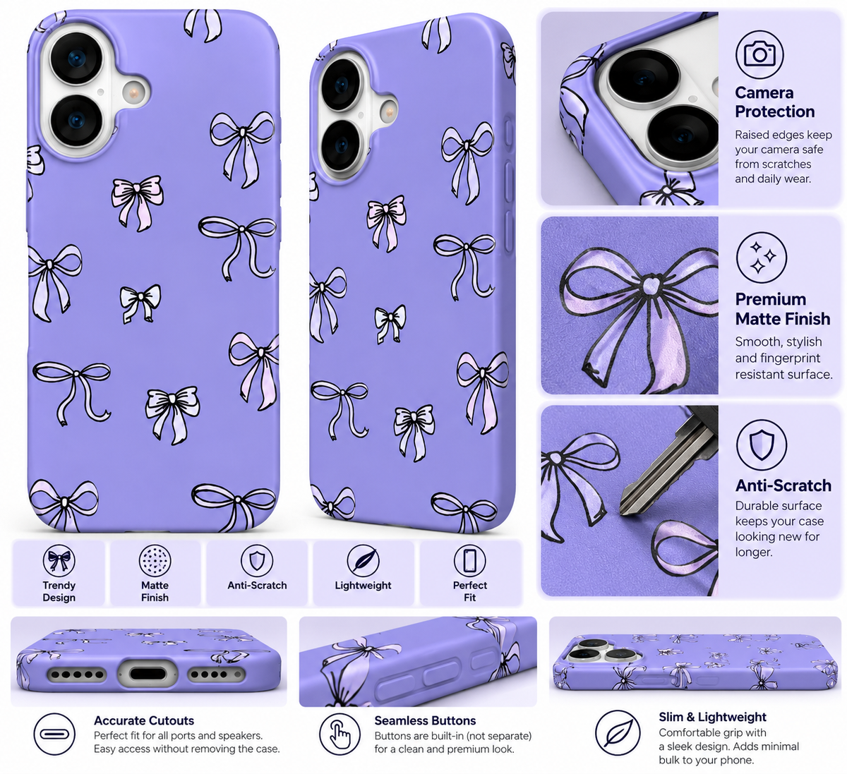 Lavender Bow Print Printed Ladies Case for iPhone 16