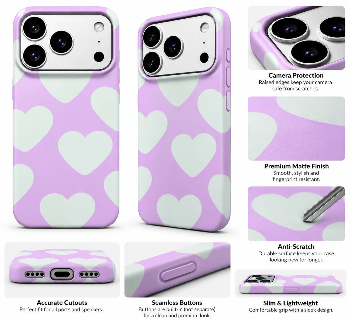 Lavender Oversized Hearts Printed Ladies Case for iPhone 17 Pro