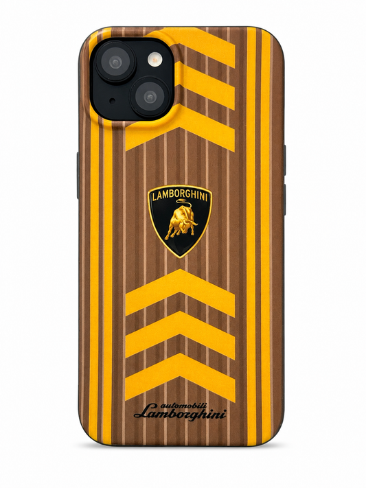 Brown & Yellow Lamborghini Inspired iPhone 15 Case – Luxury Racing Edition