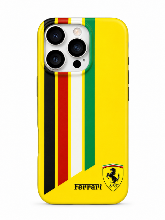 Yellow Ferrari Inspired iPhone 15 Pro Case – Multicolor Racing Stripe Edition