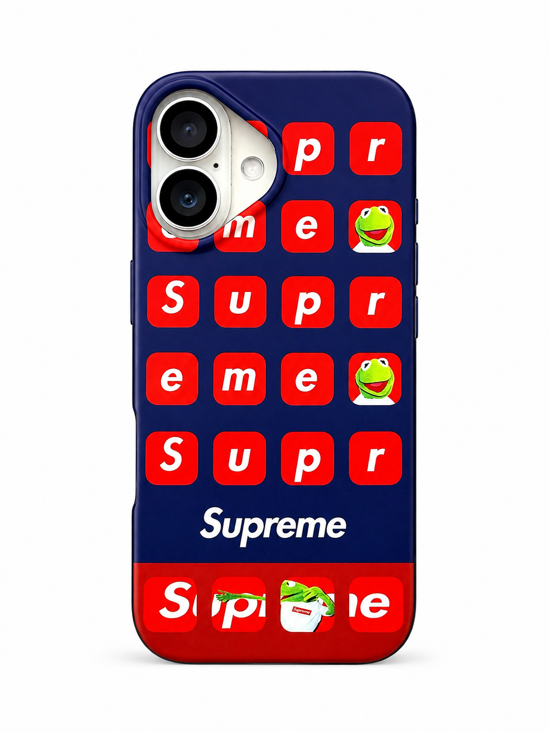 Supreme Frog Graphic-Inspired iPhone 16 Case – Navy Blue & Red Streetwear Edition