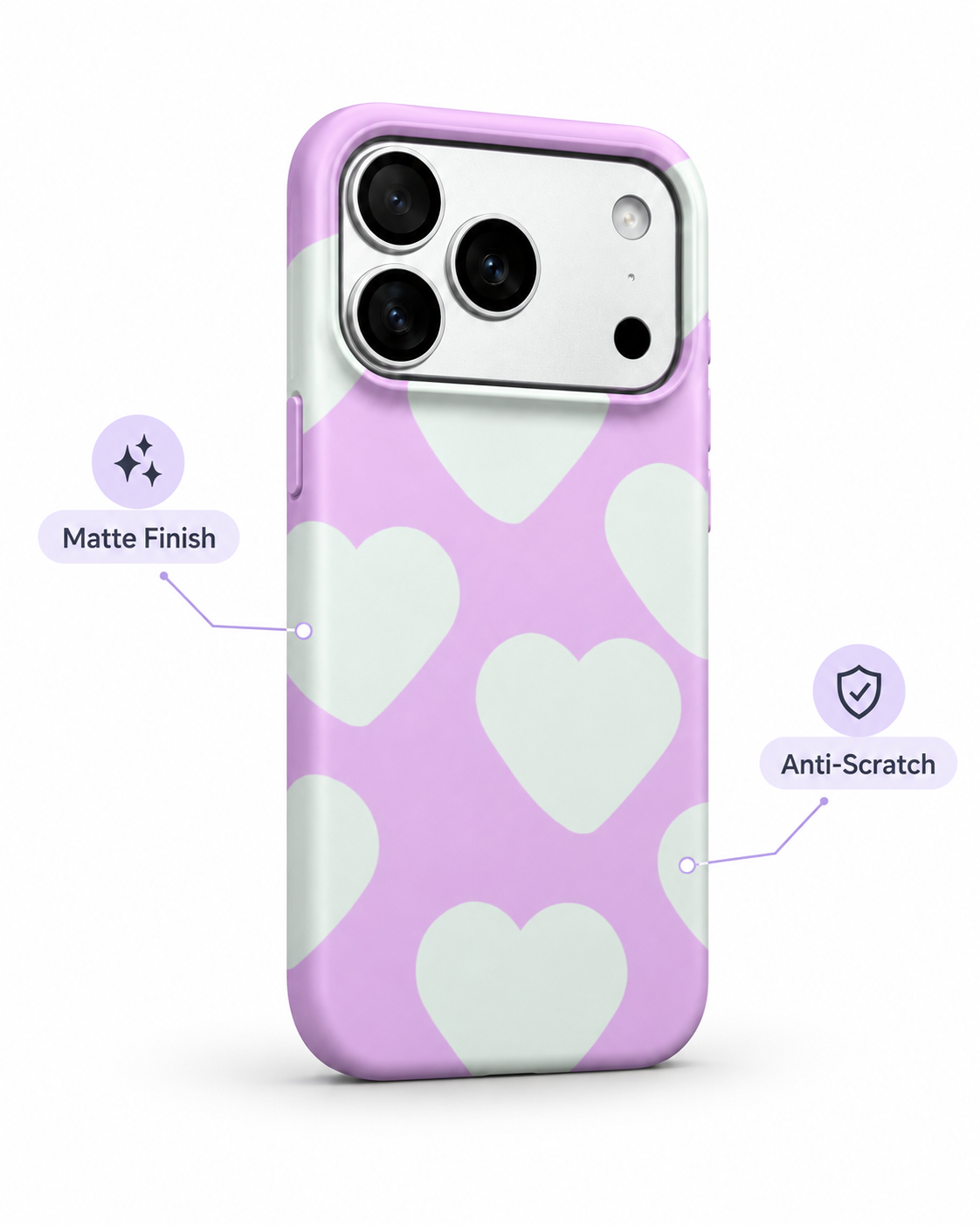 Lavender Oversized Hearts Printed Ladies Case for iPhone 17 Pro
