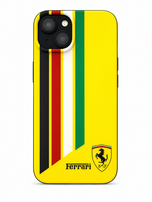 Yellow Ferrari Inspired iPhone 15 Case – Multicolor Racing Stripe Edition