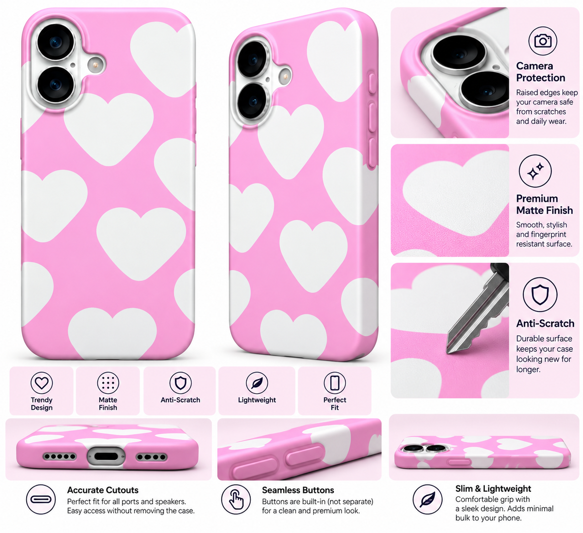 Pink Oversized Hearts Printed Ladies Case for iPhone 16