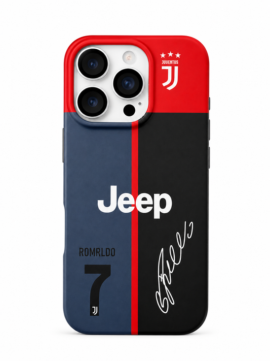 Juventus No. 7 Football Inspired iPhone 15 Pro Case – Red, Black & Blue Edition