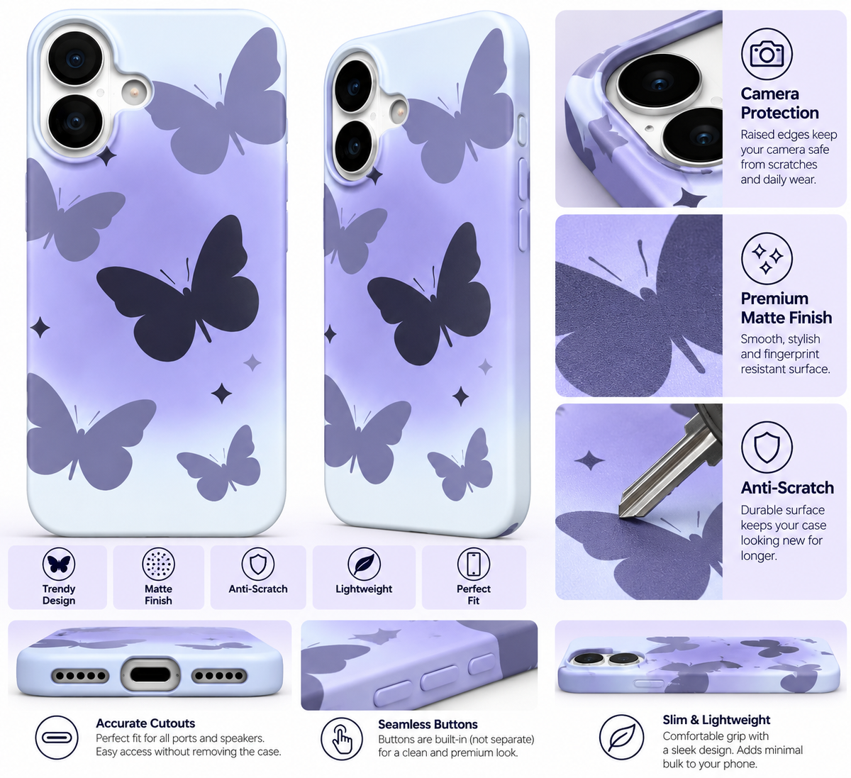 Purple Butterfly Gradient Printed Ladies Case for iPhone 16