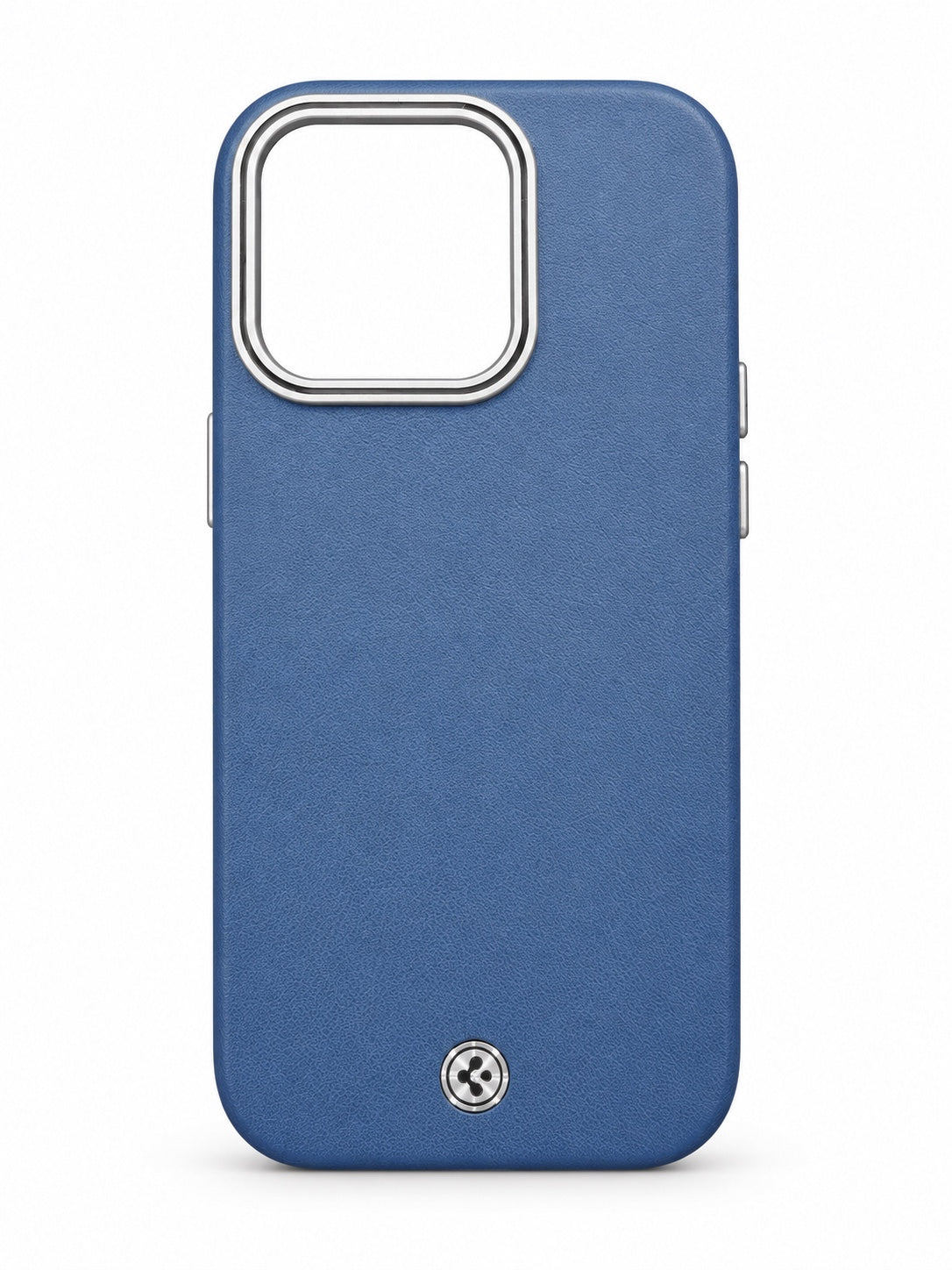 Blue textured iPhone 14 Pro phone case with silver camera surround