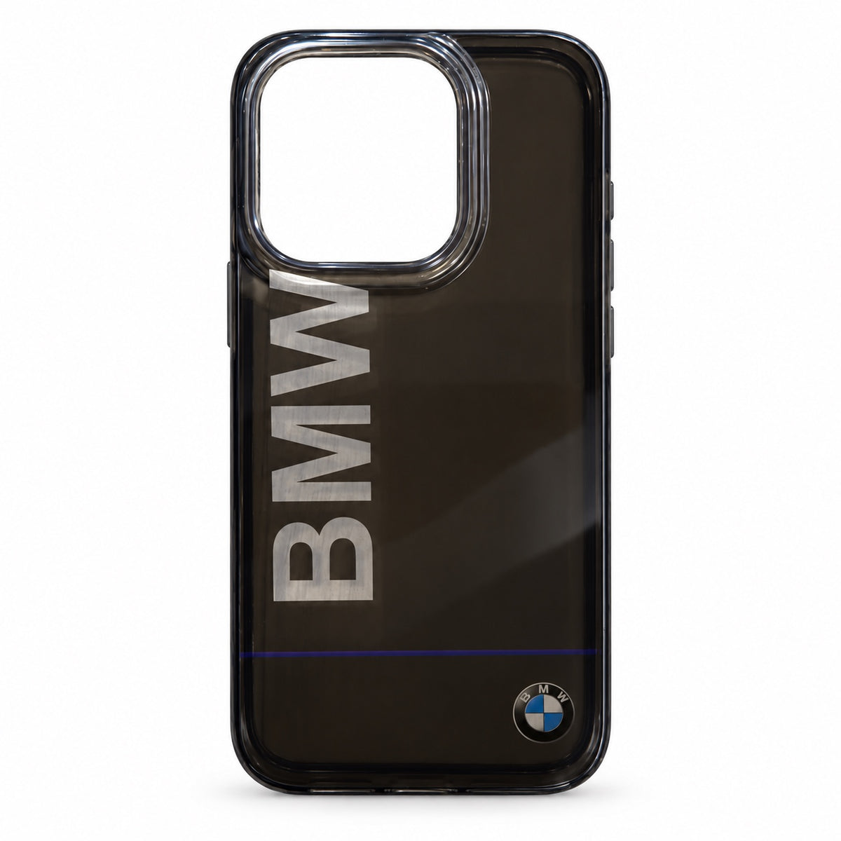 Smoky black phone case with silver vertical BMW lettering and small logo