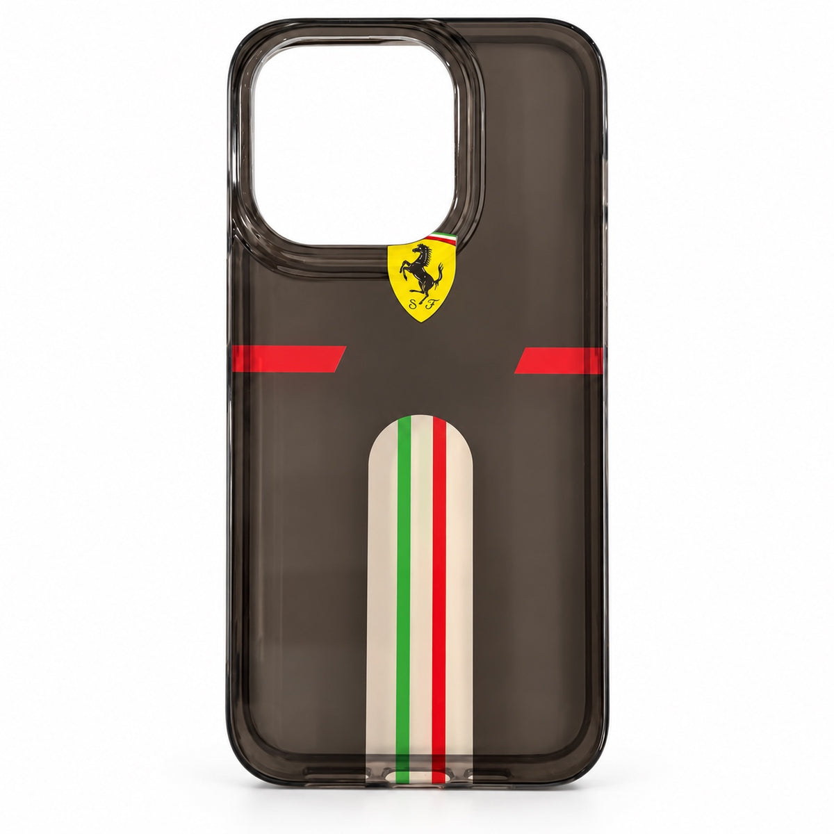 Smoky black Ferrari graphic case with yellow shield and Italian tricolour stripe