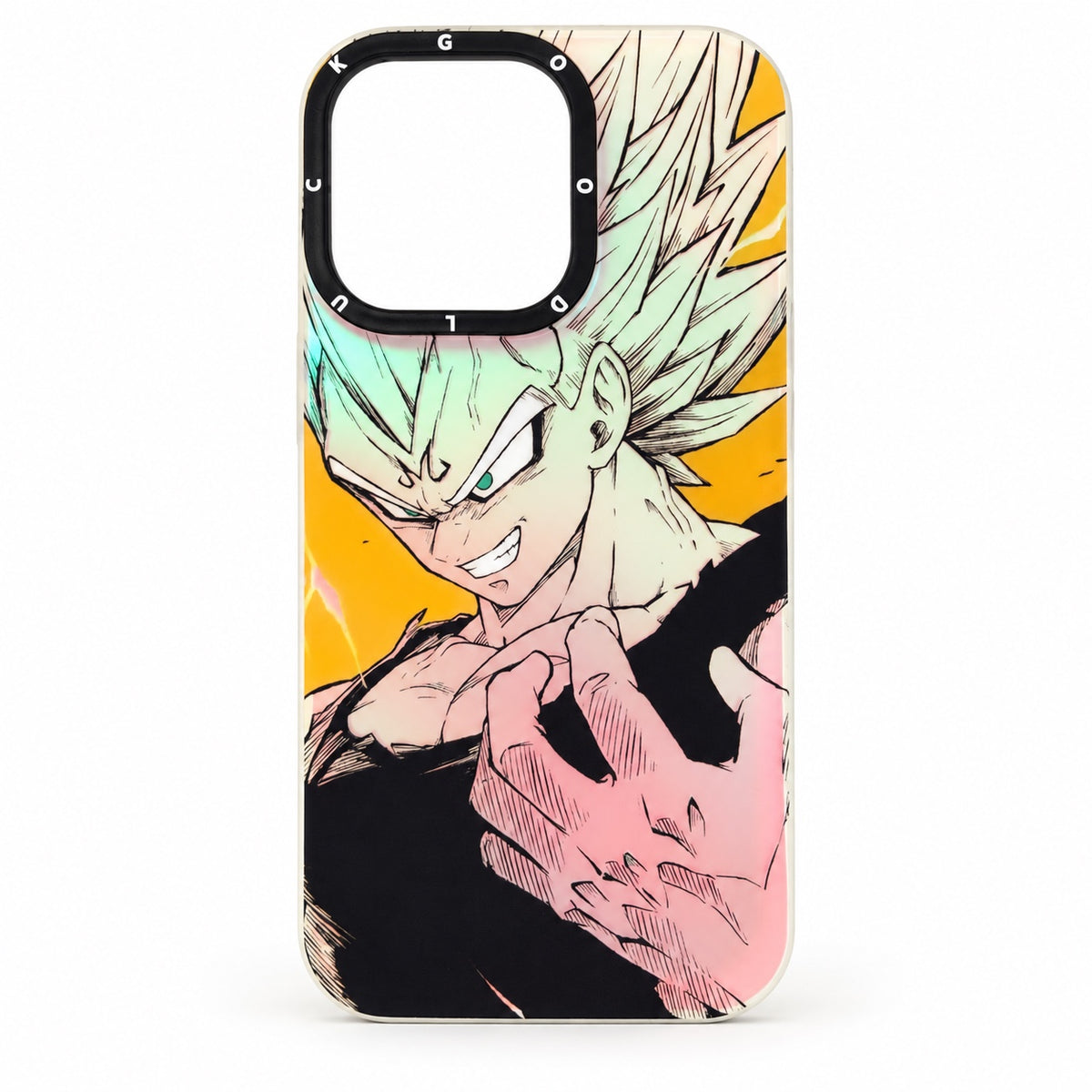 Majin Vegeta anime illustration on yellow iPhone 14 Pro case