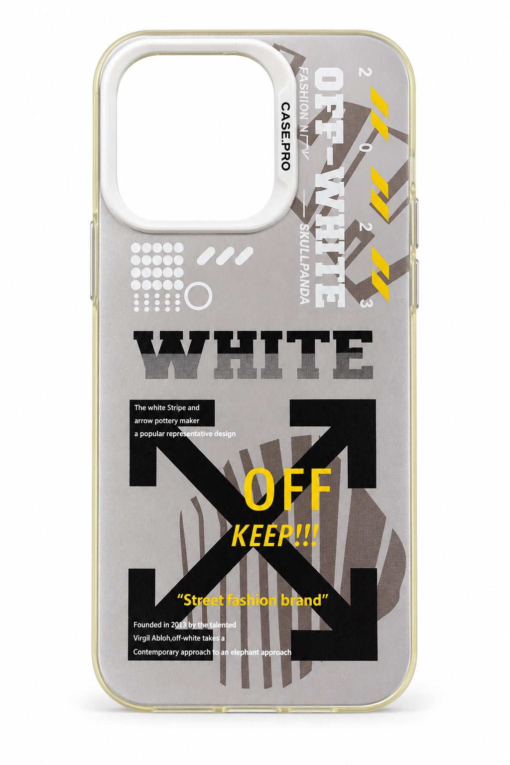 Grey Off White typography and black arrow iPhone 14 Pro case