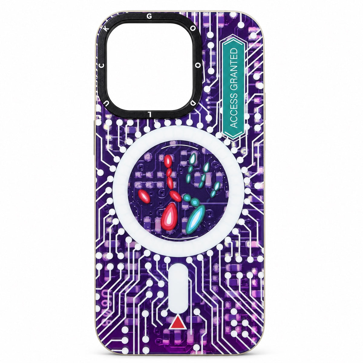Purple circuit board graphic with white ring print iPhone 14 Pro case