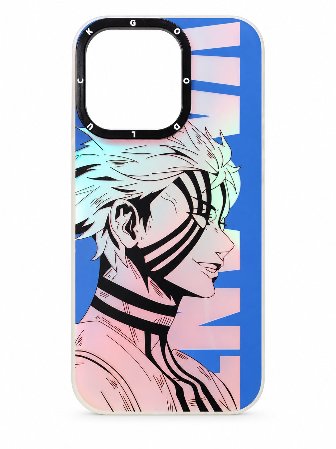 White hair manga side profile on blue and pink iPhone 14 Pro case