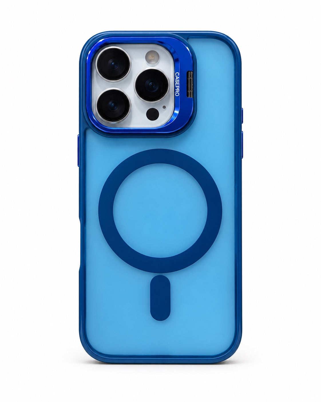 Blue frosted MagSafe camera protection case for iPhone 16 Pro