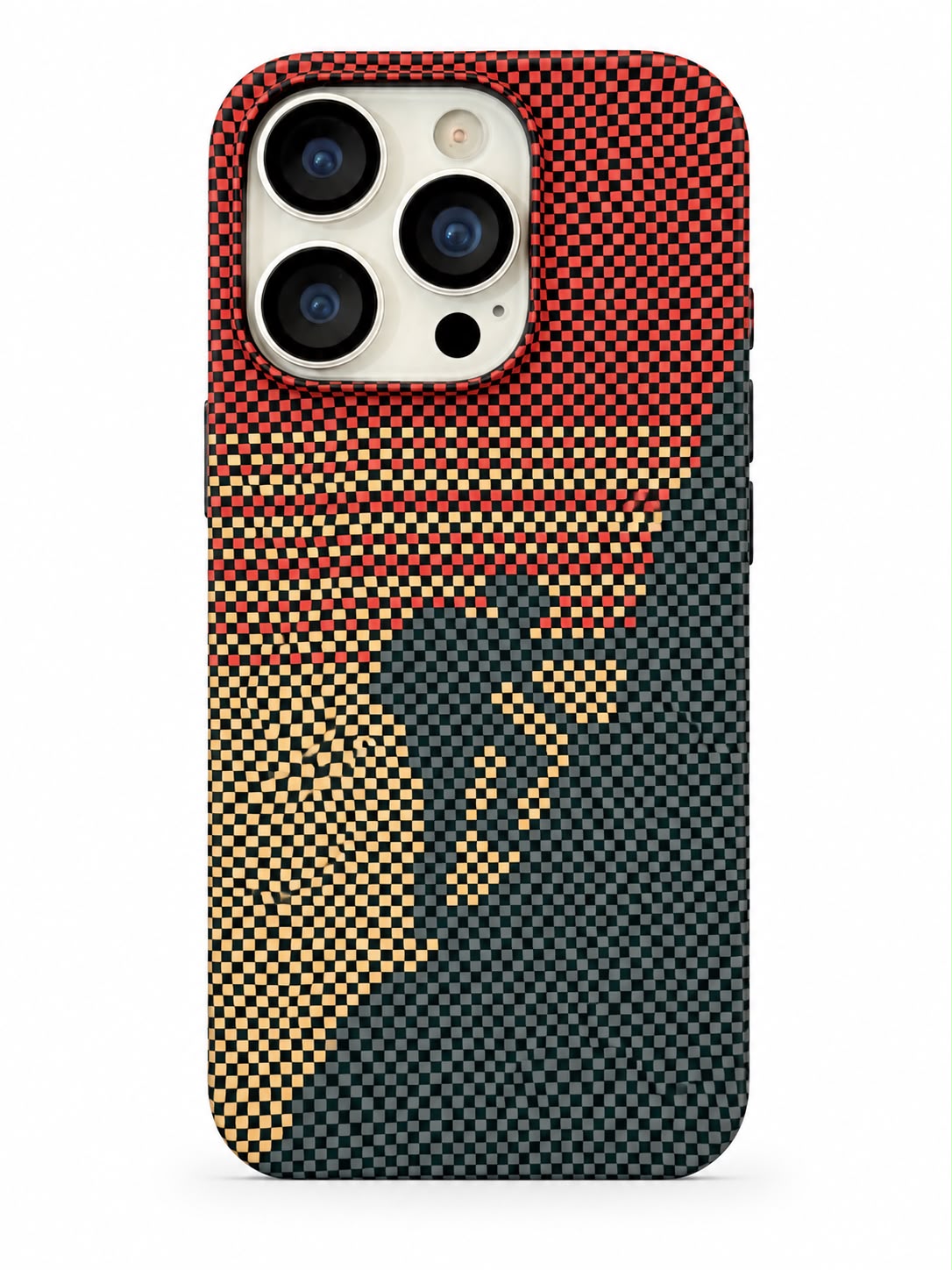 iPhone 16 Pro red black and gold carbon fiber abstract phone case