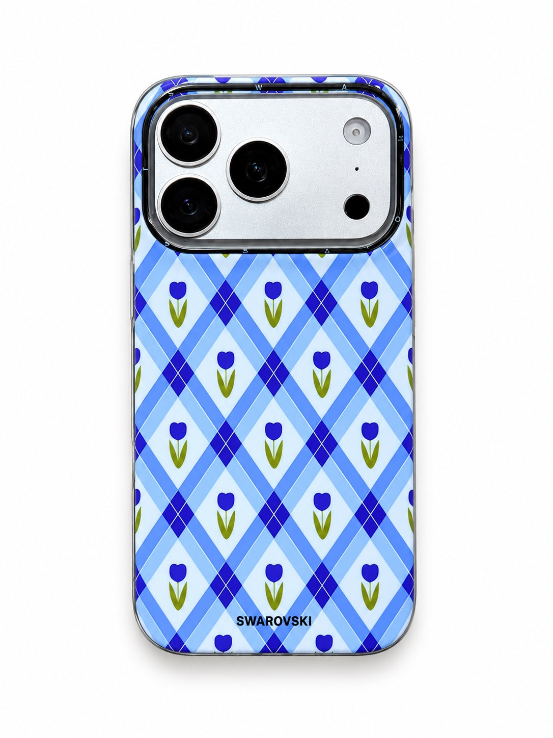 iPhone 17 Pro clear case with blue checkerboard and tulip flower pattern