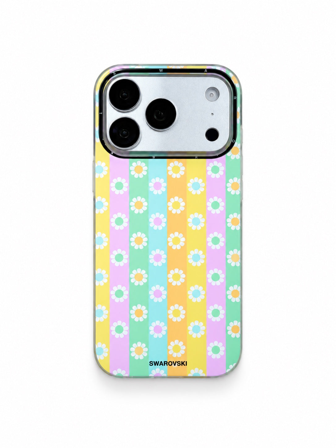 iPhone 17 Pro clear case with pastel rainbow stripes and white daisies