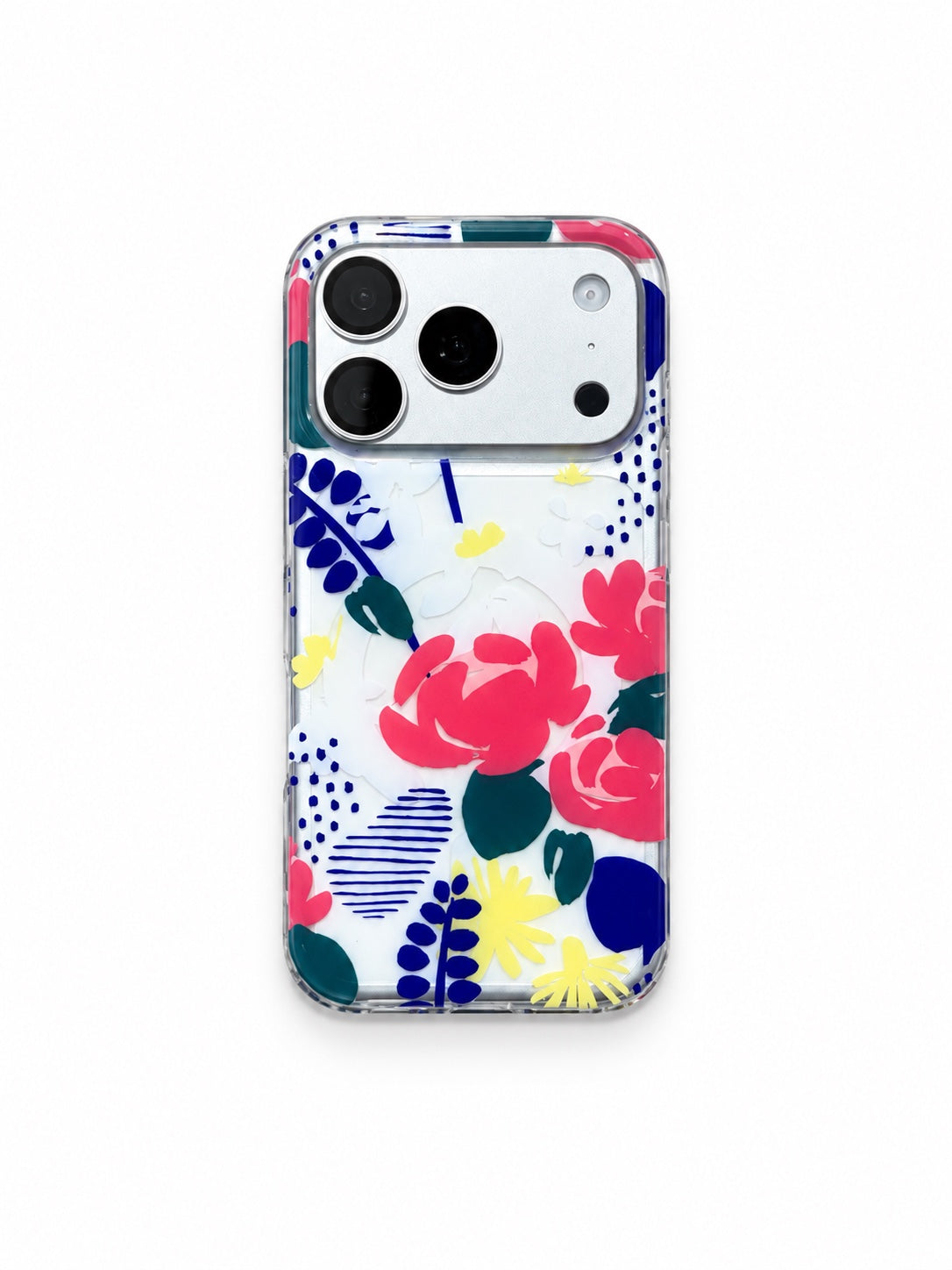 iPhone 17 Pro transparent case with pink roses and colorful abstract botanical artwork