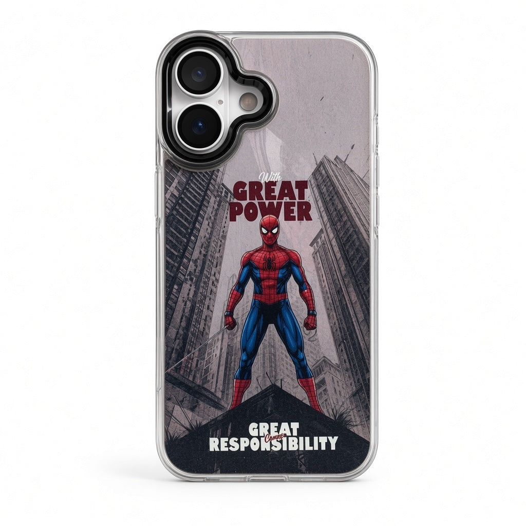 iPhone 17 Spider-Man Great Power clear case front view