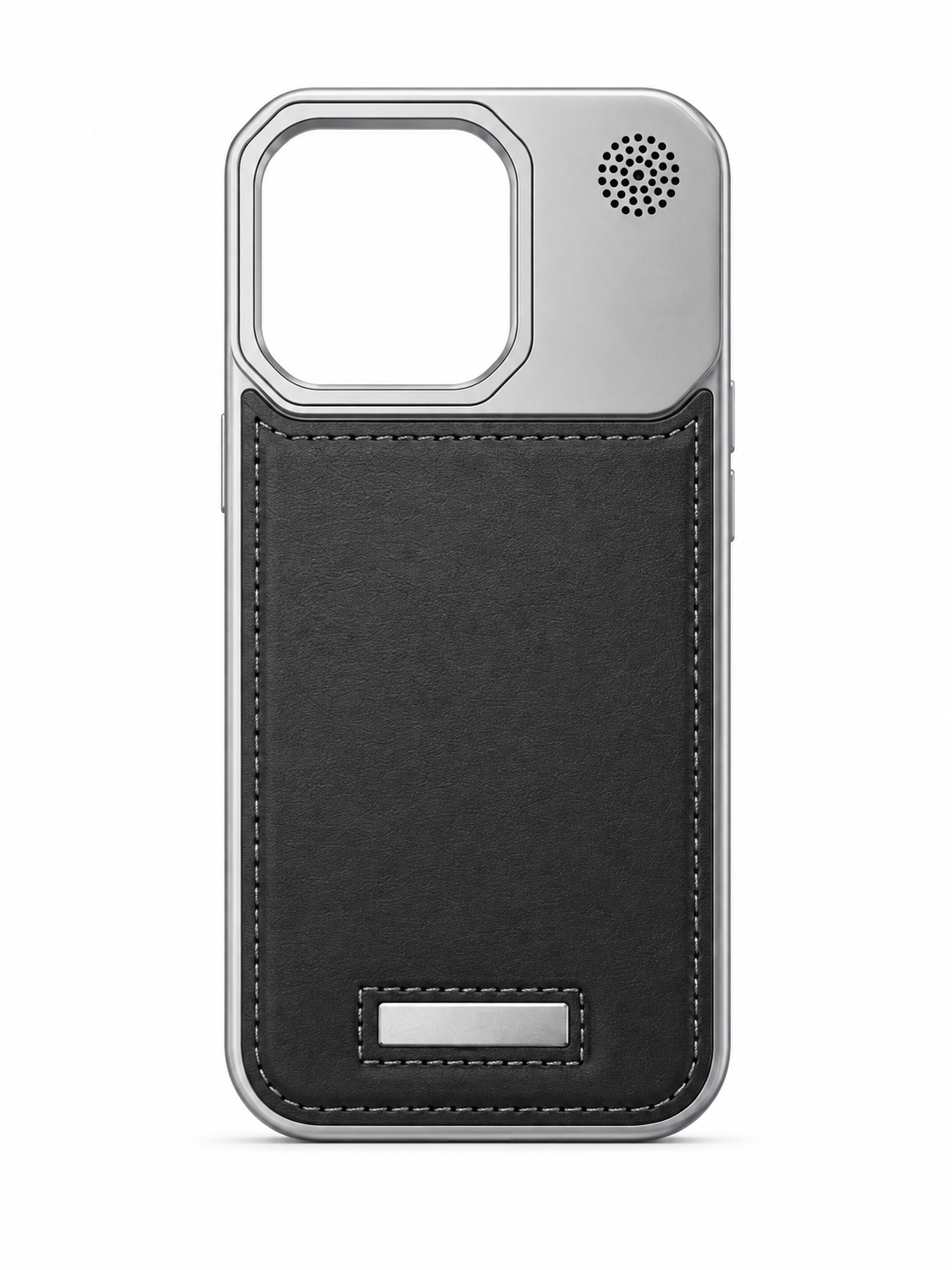 Premium Leather & Metal Frame Case for iPhone 16 Pro – Black & Silver