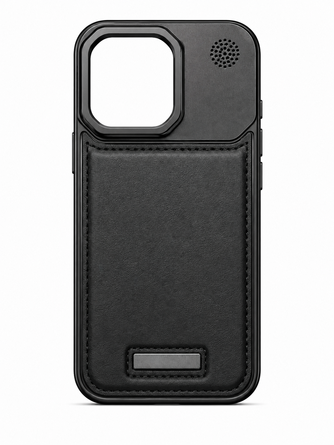 Premium Leather & Metal Frame Case for iPhone 16 Pro – Black & Silver