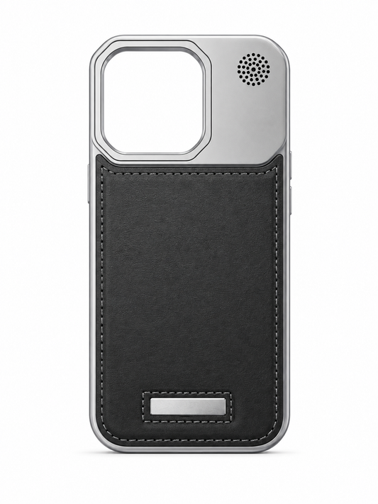 Premium Leather & Metal Frame Case for iPhone 16 Pro – Black & Silver